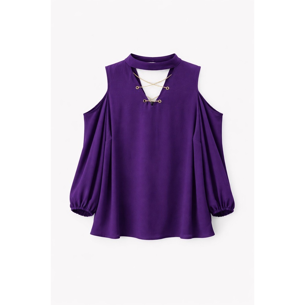 Unique Spectrum 2X Purple Cold Shoulder Chain Lace Up Mock Neck Blouse Top